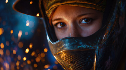 Close-up portrait of female welder in protective helmet with sparks flying in the background