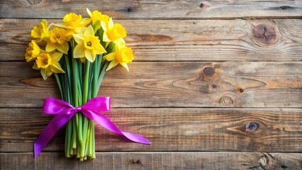 A cheerful spring bouquet of yellow daffodils tied with a vibrant purple ribbon rests on a rustic wooden surface