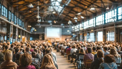 Large Audience Gathering in Industrial Venue for Presentation Event with Bright Lighting and Urban Aesthetic