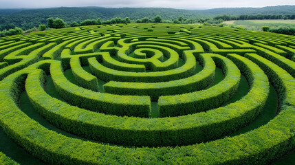 Naklejka premium Captivating aerial view of lush garden hedge maze, showcasing intricate patterns and vibrant greenery, inviting exploration and adventure in serene landscape