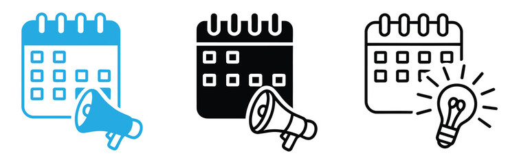 Premium linear icon of public event announcement .Announce your next big idea with   and a glowing lightbulb next to a calendar marking important dates for strategic planning   campaign launch success