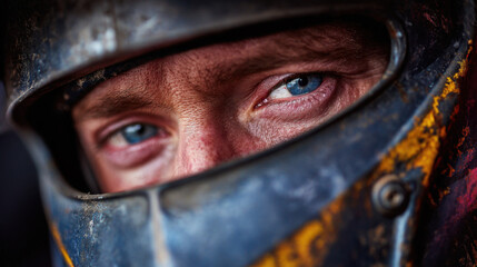 Closeup portrait of a welder with piercing blue eyes behind a worn helmet, gritty skin and metal textures, intense focus