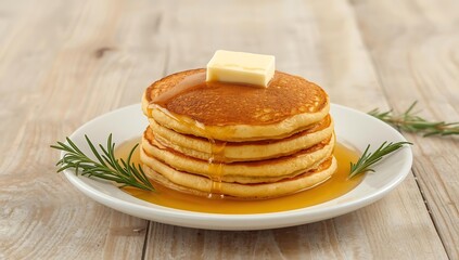Fluffy Pancakes with Butter and Maple Syrup on White Plate