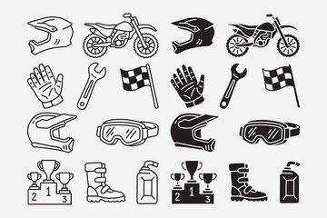 Motocross gear and racing equipment icons set in line art and solid style. Helmet, Dirt bike, Gloves, Wrench, Checkered flag, Goggles, Trophy podium, Racing boots, Oil can. Vector Illustration