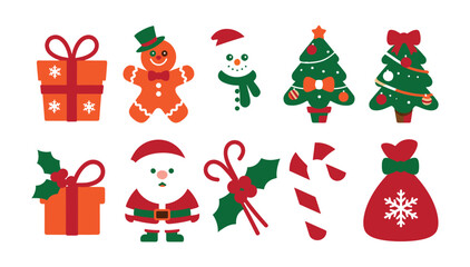Naklejka premium Celebrate the magic of Christmas with this vibrant collection of festive icons featuring Santa Claus, gingerbread man, snowman, decorated trees, candy canes, holly, and gift boxes, perfect for holiday