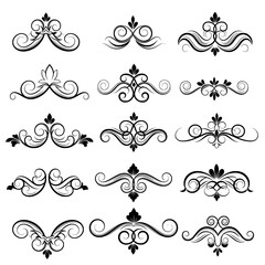 Elegant black ornamental flourishes, isolated vector silhouettes, evenly spaced, white background