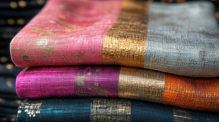 A vibrant stack of luxurious woven textiles showcasing rich colors like pink, magenta, gold, and teal, with intricate metallic patterns, perfect for fashion and decor.