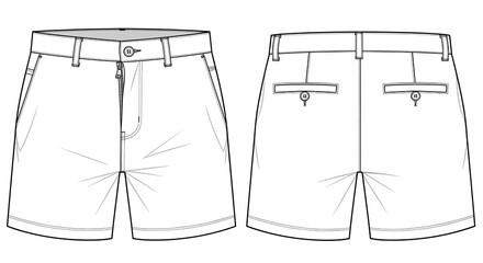 Flat sketch of casual shorts, front and back. Detailed technical drawing for fashion design, apparel templates, and illustration of short pants with pockets and belt loops