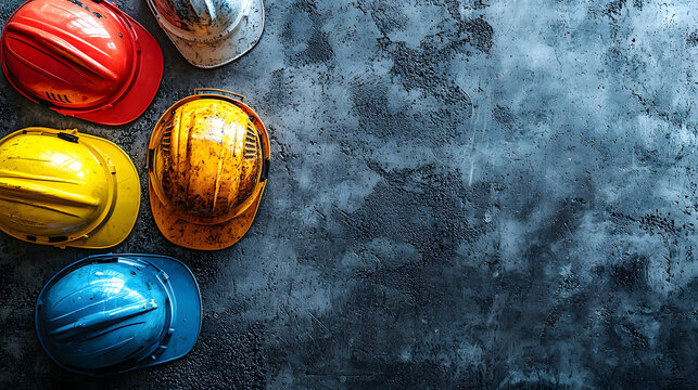 Colorful construction helmets arranged on textured gray background create vibrant display of safety gear. These hard hats symbolize protection and safety in various work environments
