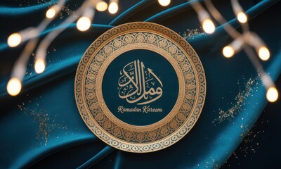 Ramadan Kareem plate on teal fabric, adorned with golden decorative border and calligraphy