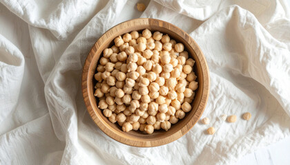 Close-up shot of a wooden bowl filled with dried chickpeas, on a white cloth.