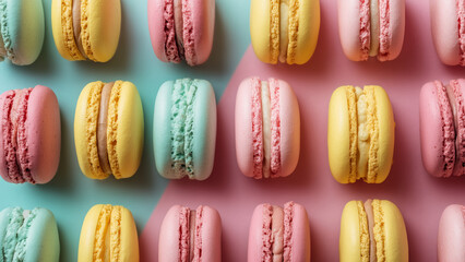Colorful pastel macarons on pink and mint background