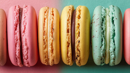 Closeup pastel macarons aligned in row