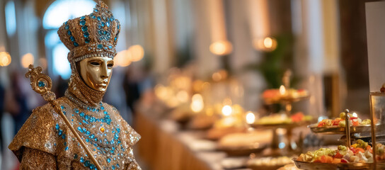 Mannequin styled as regal queen in ornate golden attire with jeweled crown and scepter, standing beside extravagant banquet table in grand hall illuminated.