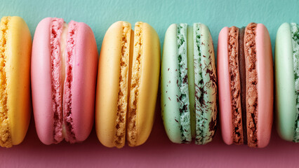 Assorted pastel macarons in neat row
