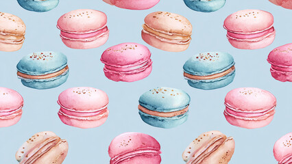 Seamless watercolor pattern of macarons on pastel blue background
