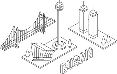 Busan Landmark Outline Isometric Vector Illustration with Bridge, Tower, and Modern Architecture