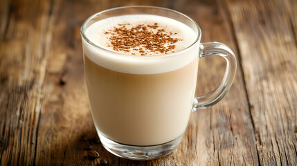 Creamy coffee delight in clear glass mug on rustic wooden table evokes warmth and comfort. frothy beverage topped with cocoa powder invites relaxation and enjoyment