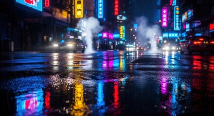 Neon Cityscape at Night: Vibrant Urban Reflections and Glowing Lights