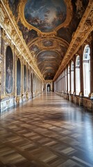 Obraz premium Grand Hallway: Ornate Ceiling, Golden Details, Perspective, Architectural Elegance.