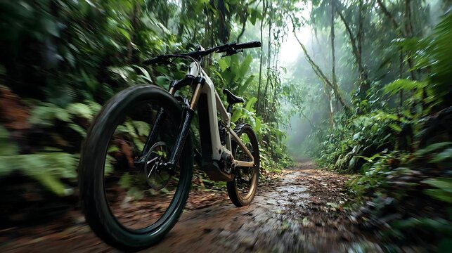 Exploring the jungle trail: mountain biking adventure through lush rainforest on a modern e bike for fitness - Powered by Adobe