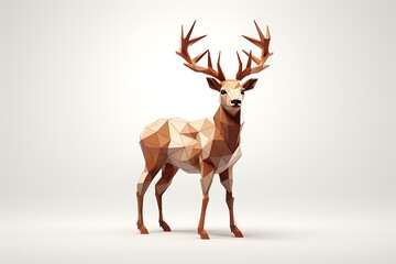 A stylized low-poly deer stands proudly against a minimalistic white background, showcasing geometric shapes