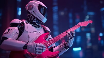 Advanced robotic performer with articulated mechanical arms gripping vibrant pink electric guitar, staged against dark urban nightscape illuminated by intense blue and pink neon lighting. - Powered by Adobe