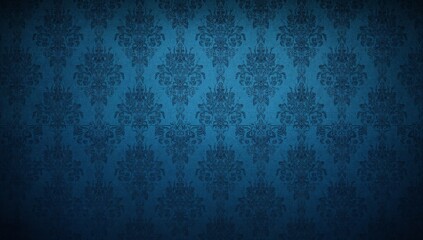 Blue wallpaper vintage flock with red damask design textile retro vintage style generative AI