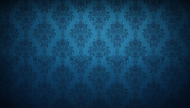 Fototapeta Blue wallpaper vintage flock with red damask design textile retro vintage style generative AI