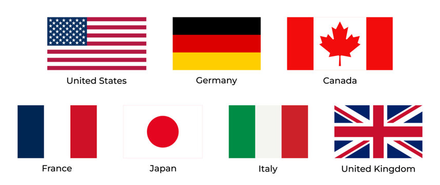 G7 Countries flags, isolated on a transparent background. High-quality vector illustration of the national flags of G7 countries: USA, Germany, Canada, France, Japan, Italy, and the United Kingdom
