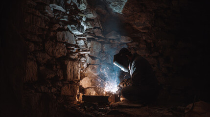 Welder working in a stone cave, sparks and blue smoke lighting the underground scene