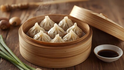 Steamed Asian Dumplings in Traditional Bamboo Basket