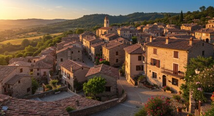 Obraz premium Picturesque Tuscan Village at Sunset: A Serene Aerial View.