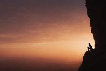 Naklejka premium Man climbing mountain at sunrise