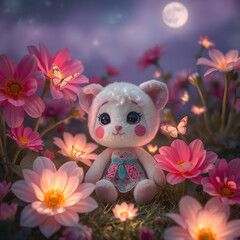 Escena fantástica con un peluche pastel en un jardín vibrante, rodeado de mariposas y resplandor lunar