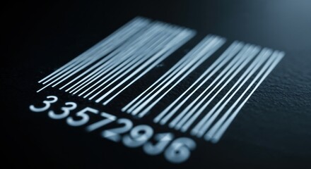 A close-up view of a digital barcode with glowing blue lines and numerical digits on a dark, slightly textured surface, representing modern scanning technology and product identification.