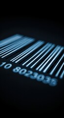 A close-up view of a blue-lit barcode with numerical digits on a dark background, showing varying line thicknesses and a shallow depth of field.