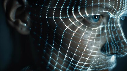 Facial Recognition Technology Demonstration with Digital Grid Overlay - Powered by Adobe