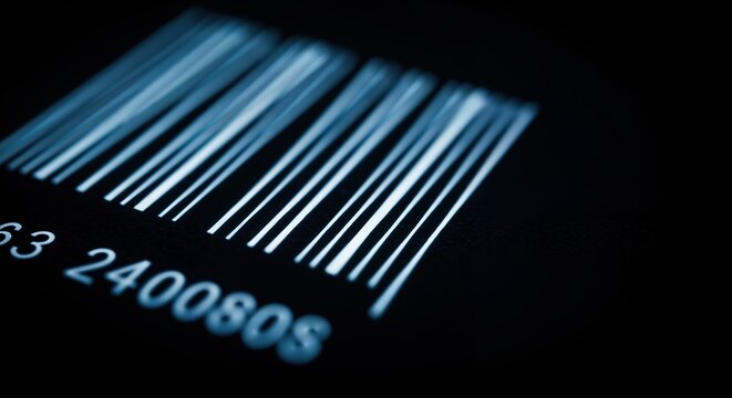 An abstract, hyperdetailed macro representation of a barcode displaying bright blue lines and numerical data on a deep black field.