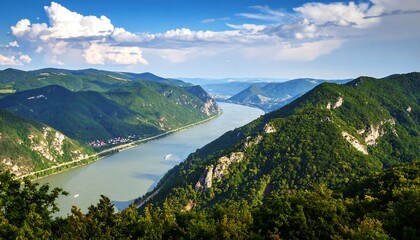 Scenic river valley, mountain range, lush green hills