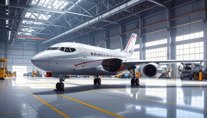A sleek white jetliner is parked inside a large, modern hangar, gleaming under the bright, airy light.