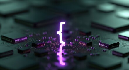 Glowing Curly Brace Symbol on a Circuit Board Representing Code and Technology.