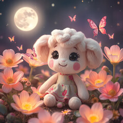 Escena mágica de un peluche sonriente con vestido colorido rodeado de mariposas y flores brillantes