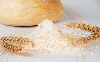 Flour and wheat arranged neatly on a white surface with bread in the background during bright daylight