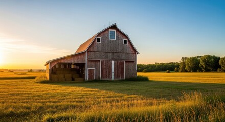 Obraz premium Rustic Barn Amidst Golden Fields at Sunset - A Serene Countryside Scene.