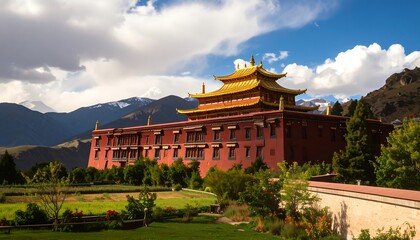 A stunning vista of a temple nestled in a valley