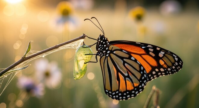 Monarch butterfly emerging from chrysalis in a sunlit meadow.