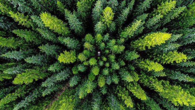 Overhead view of a dense forest.  Green trees radiate outward from a central point