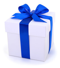 White gift box with blue ribbon and bow isolated on white background