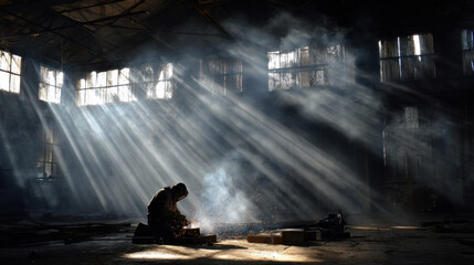 Welder kneeling under dramatic sunbeams in an abandoned factory, sparks and smoke drifting through the dusty air
